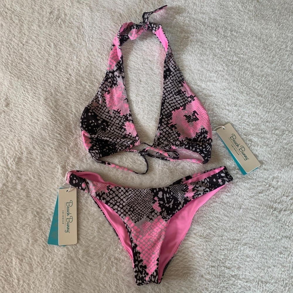 Women's S/M BEACH BUNNY Pink Snake Print Lex Top Angela Skimpy Bottom Bikini Set